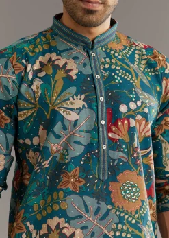 Blue Silk Printed Kurta Set With Stone Embellishment