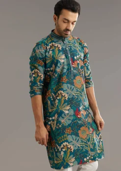 Blue Silk Printed Kurta Set With Stone Embellishment