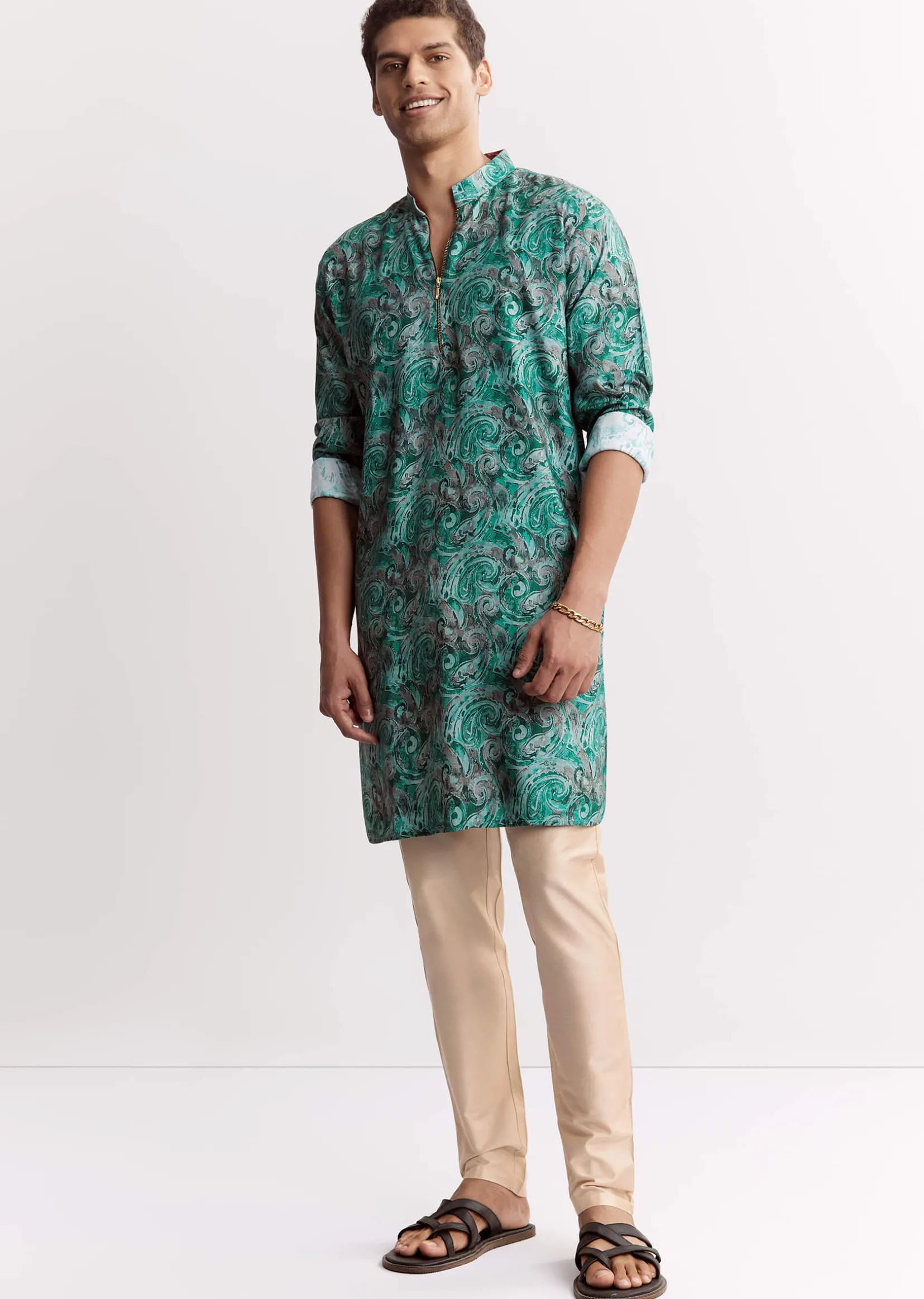 Blue Silk Printed Kurta Set With Zipper