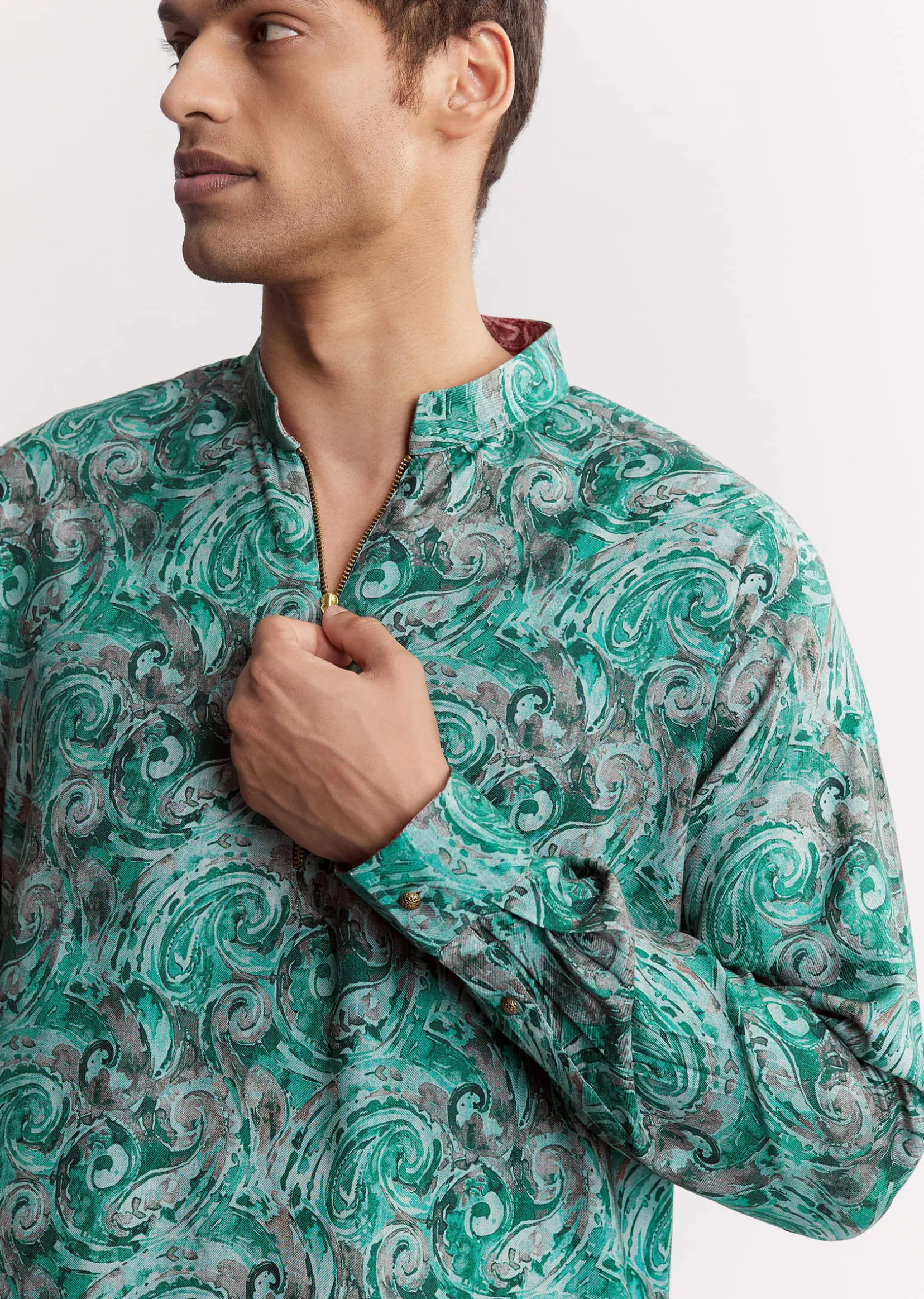 Blue Silk Printed Kurta Set With Zipper
