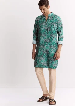 Blue Silk Printed Kurta Set With Zipper
