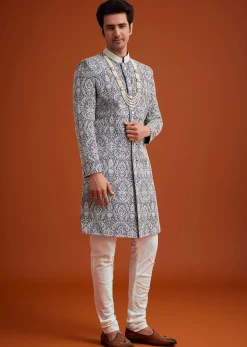 Blue Silk Sherwani Set With Beads Work On Collar