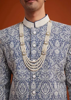 Blue Silk Sherwani Set With Beads Work On Collar