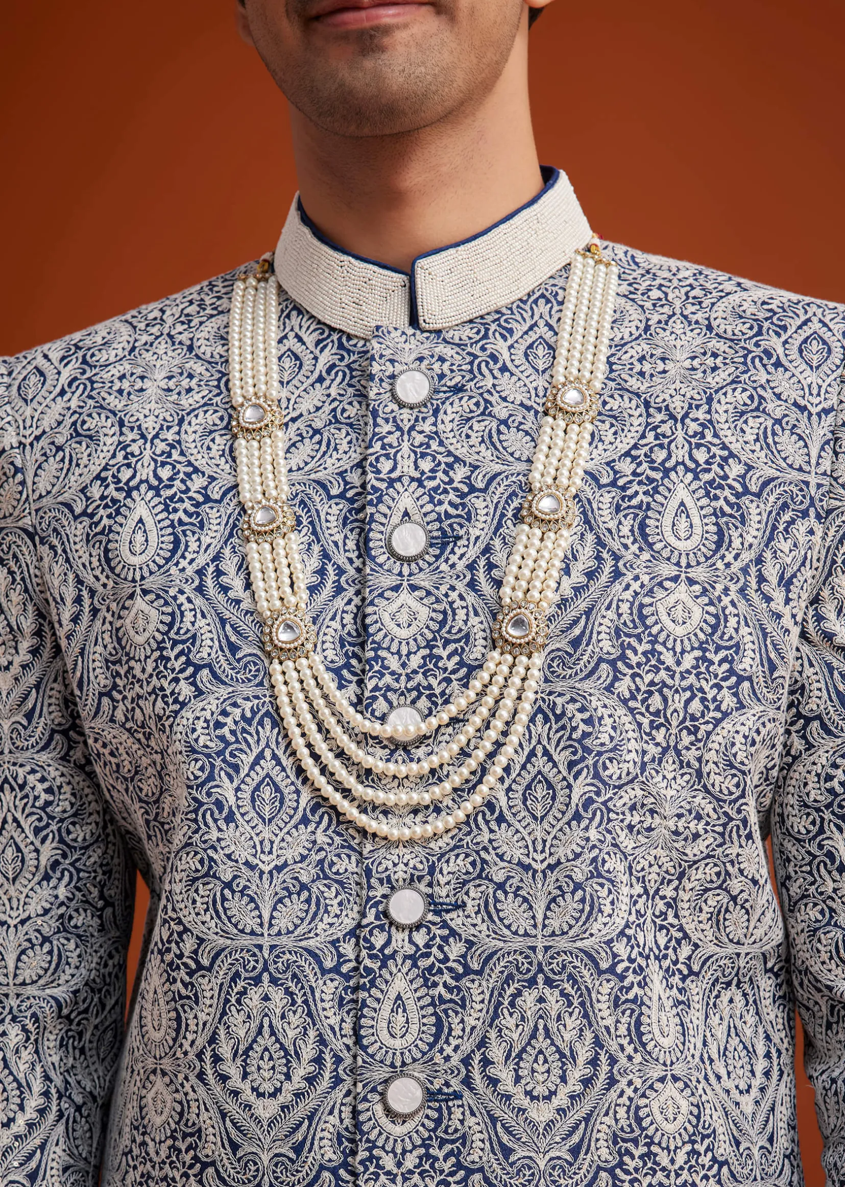 Blue Silk Sherwani Set With Beads Work On Collar
