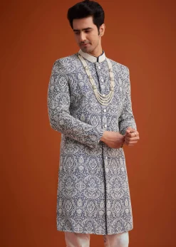 Blue Silk Sherwani Set With Beads Work On Collar