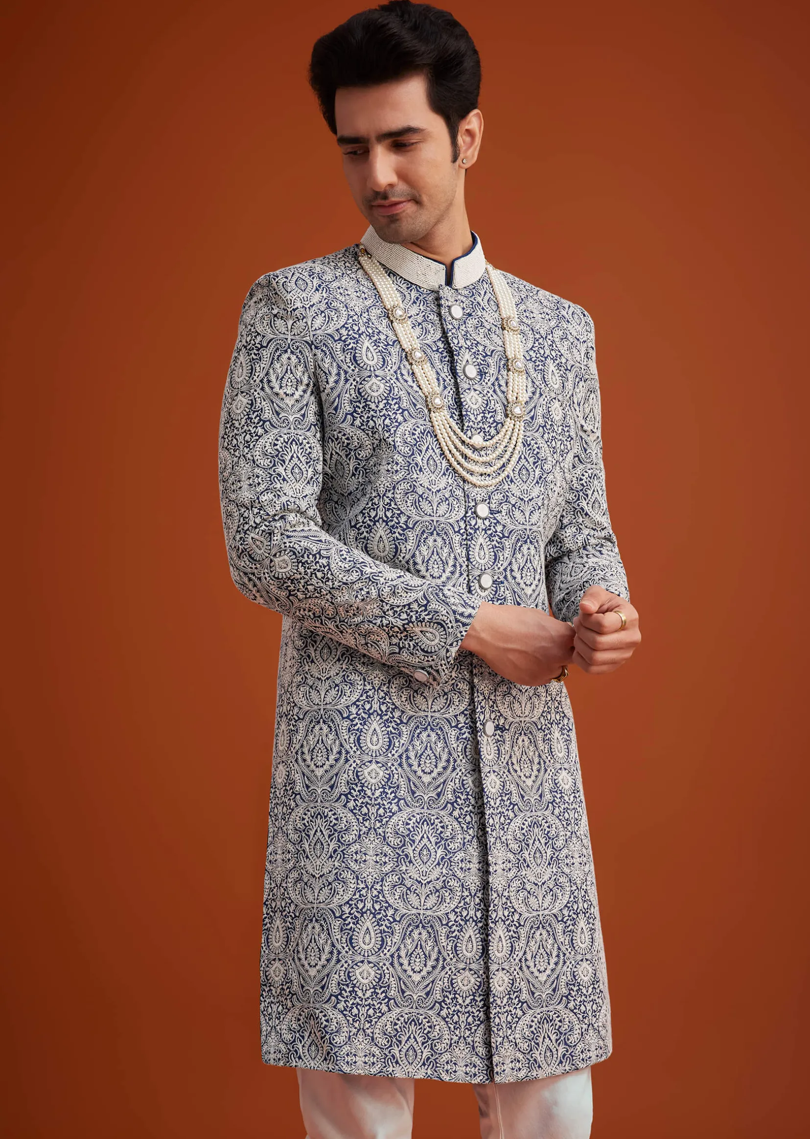 Blue Silk Sherwani Set With Beads Work On Collar