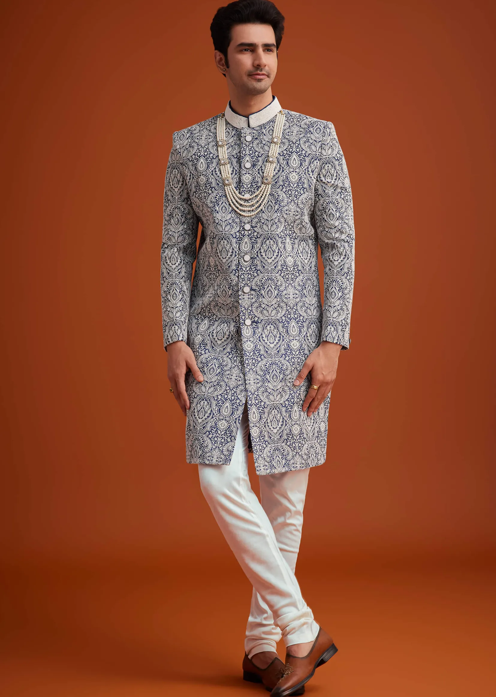 Blue Silk Sherwani Set With Beads Work On Collar