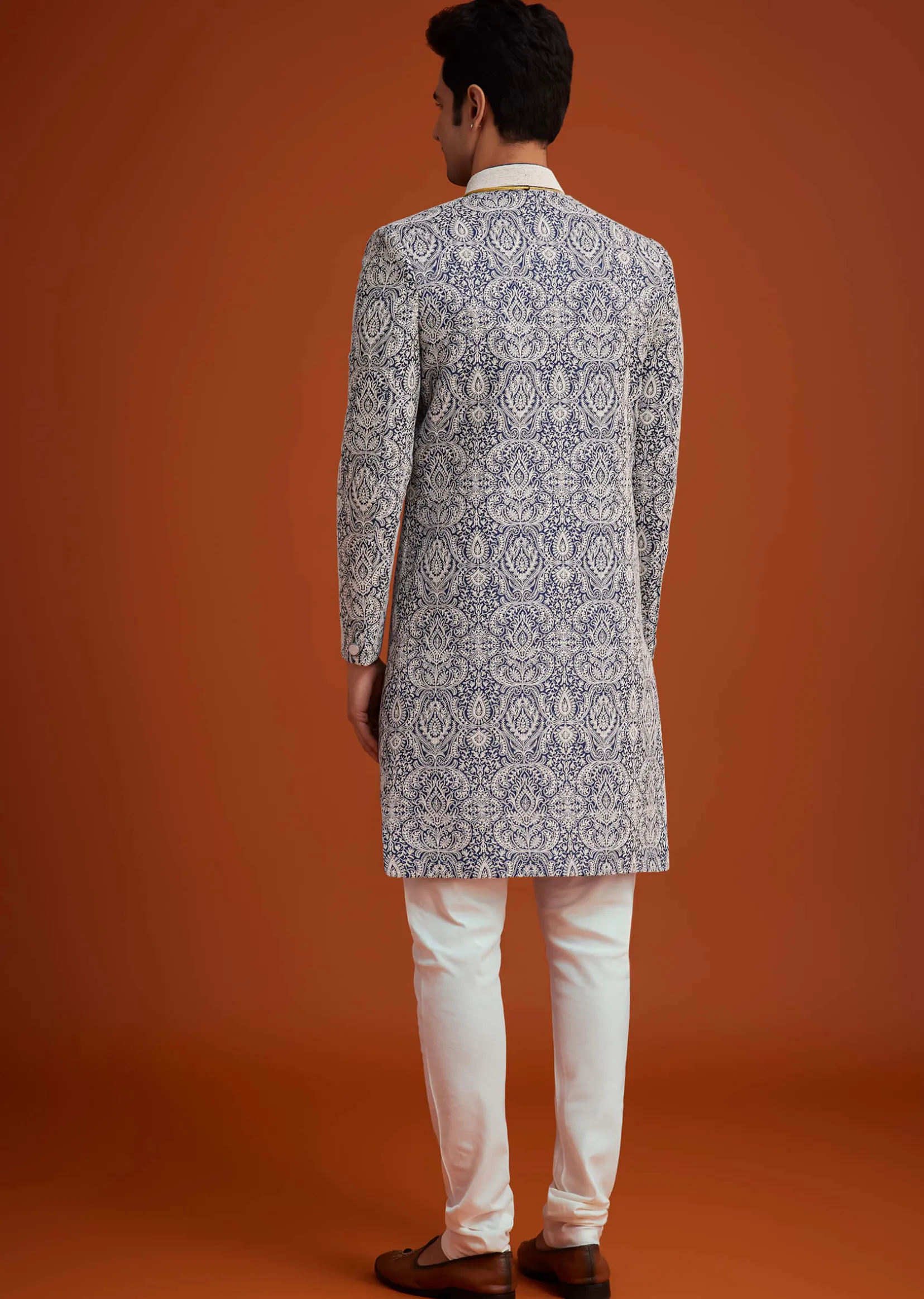 Blue Silk Sherwani Set With Beads Work On Collar