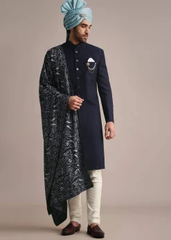 Blue Silk Sherwani With Pashmina Dupatta
