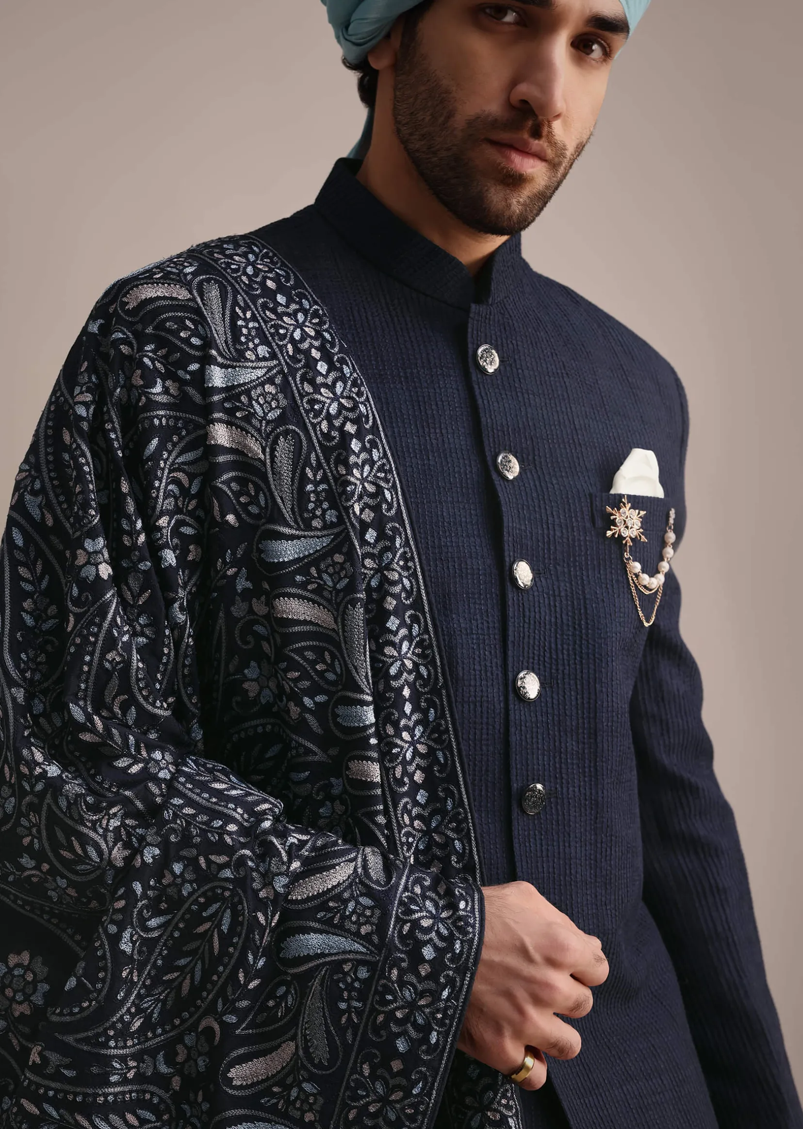 Blue Silk Sherwani With Pashmina Dupatta