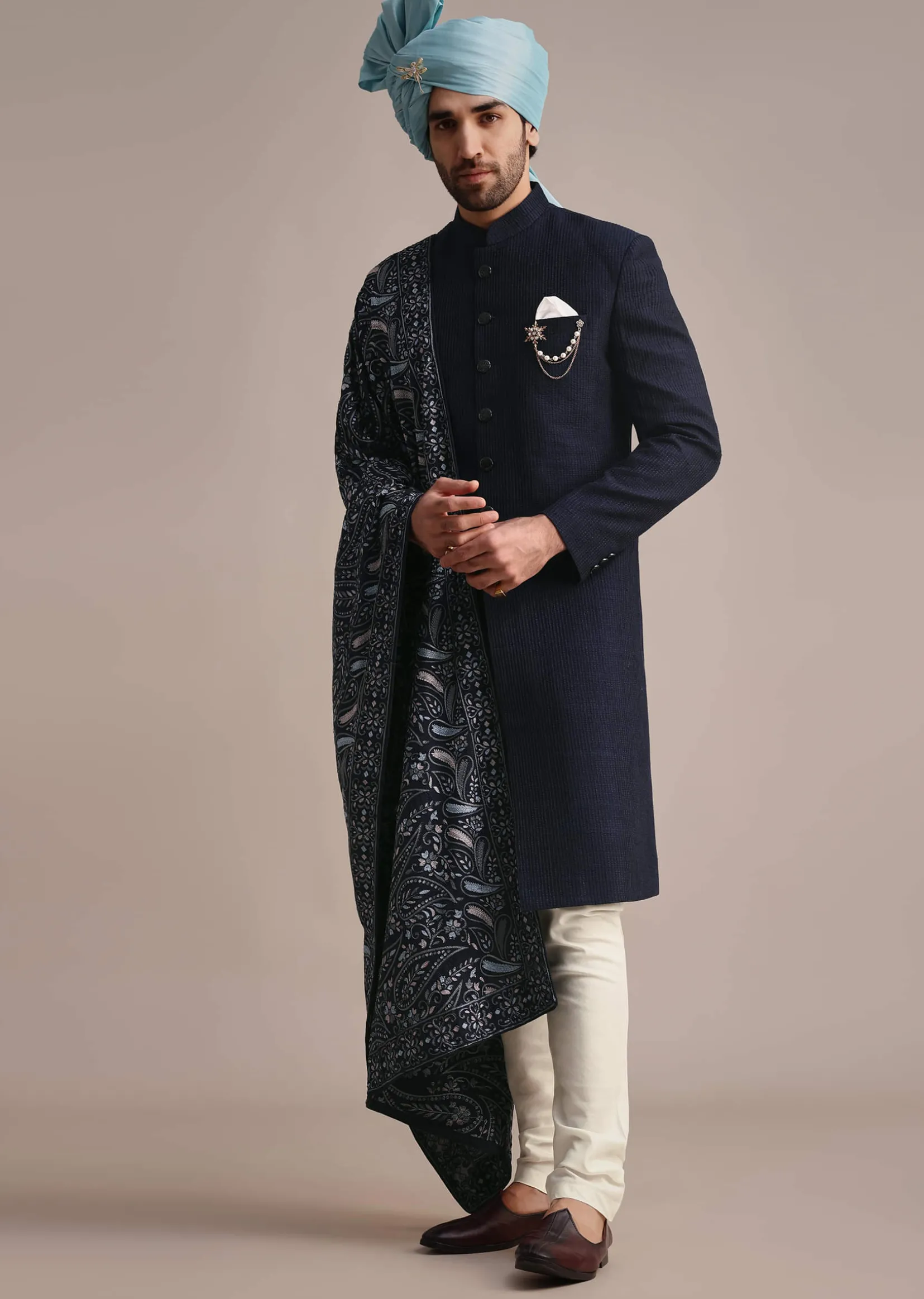 Blue Silk Sherwani With Pashmina Dupatta