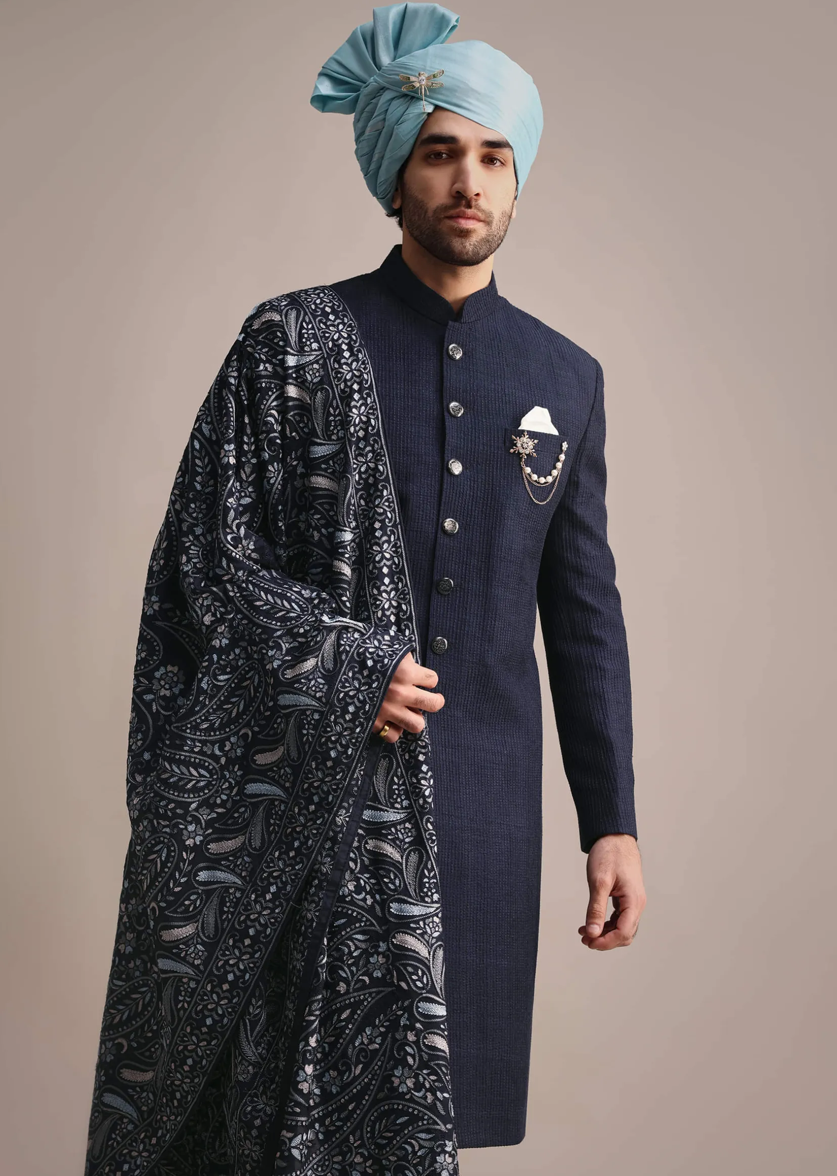 Blue Silk Sherwani With Pashmina Dupatta
