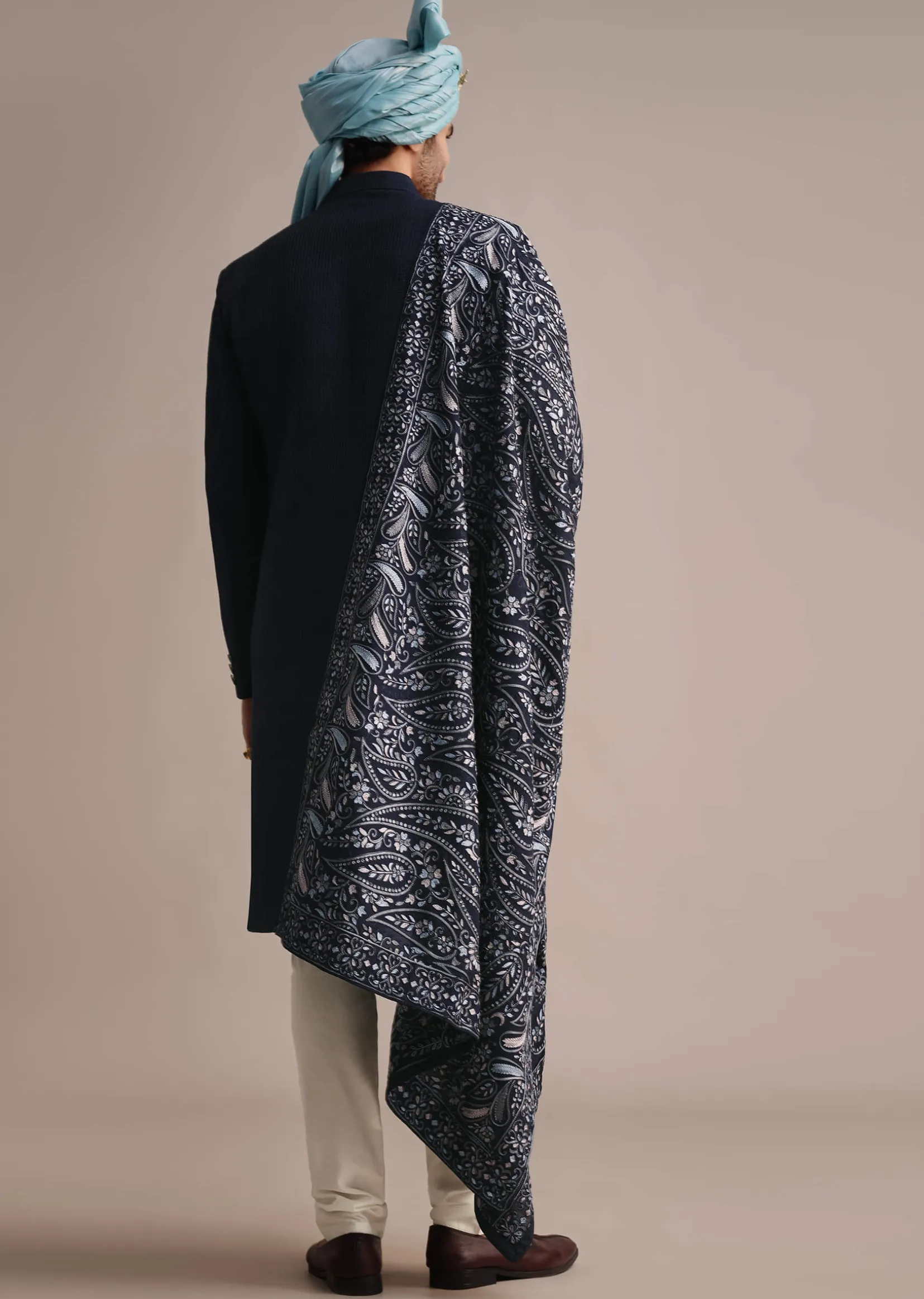 Blue Silk Sherwani With Pashmina Dupatta