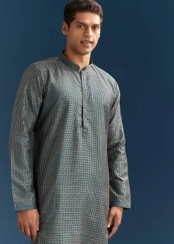 Blue Silk Textured Kurta Set For Men With Embroidery