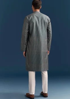 Blue Silk Textured Kurta Set For Men With Embroidery