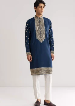 Blue Silk Yoke Embroidered Kurta Set With Gotta And Resham Work