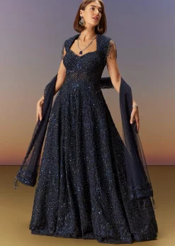 Blue Sleeveless Gown With Dupatta