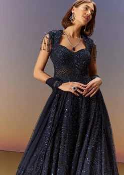 Blue Sleeveless Gown With Dupatta