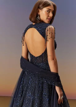 Blue Sleeveless Gown With Dupatta