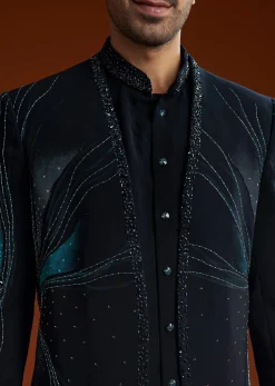 Blue Suiting Indo Jacket Set With Starlit Cutdana Work