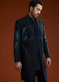 Blue Suiting Indo Jacket Set With Starlit Cutdana Work