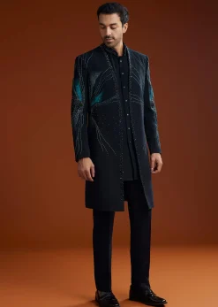 Blue Suiting Indo Jacket Set With Starlit Cutdana Work