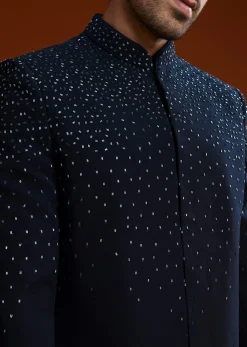 Blue Suiting Indo Jacket Set With Shimmering Embellishments