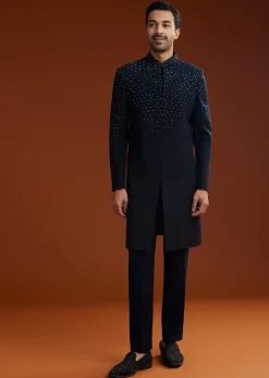 Blue Suiting Indo Jacket Set With Shimmering Embellishments