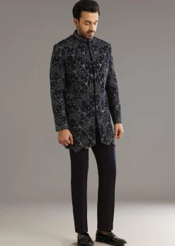 Blue Suiting Indo Western Set With Beaded Work
