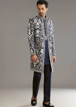 Blue Suiting Indo Western Set With Floral Embroidery