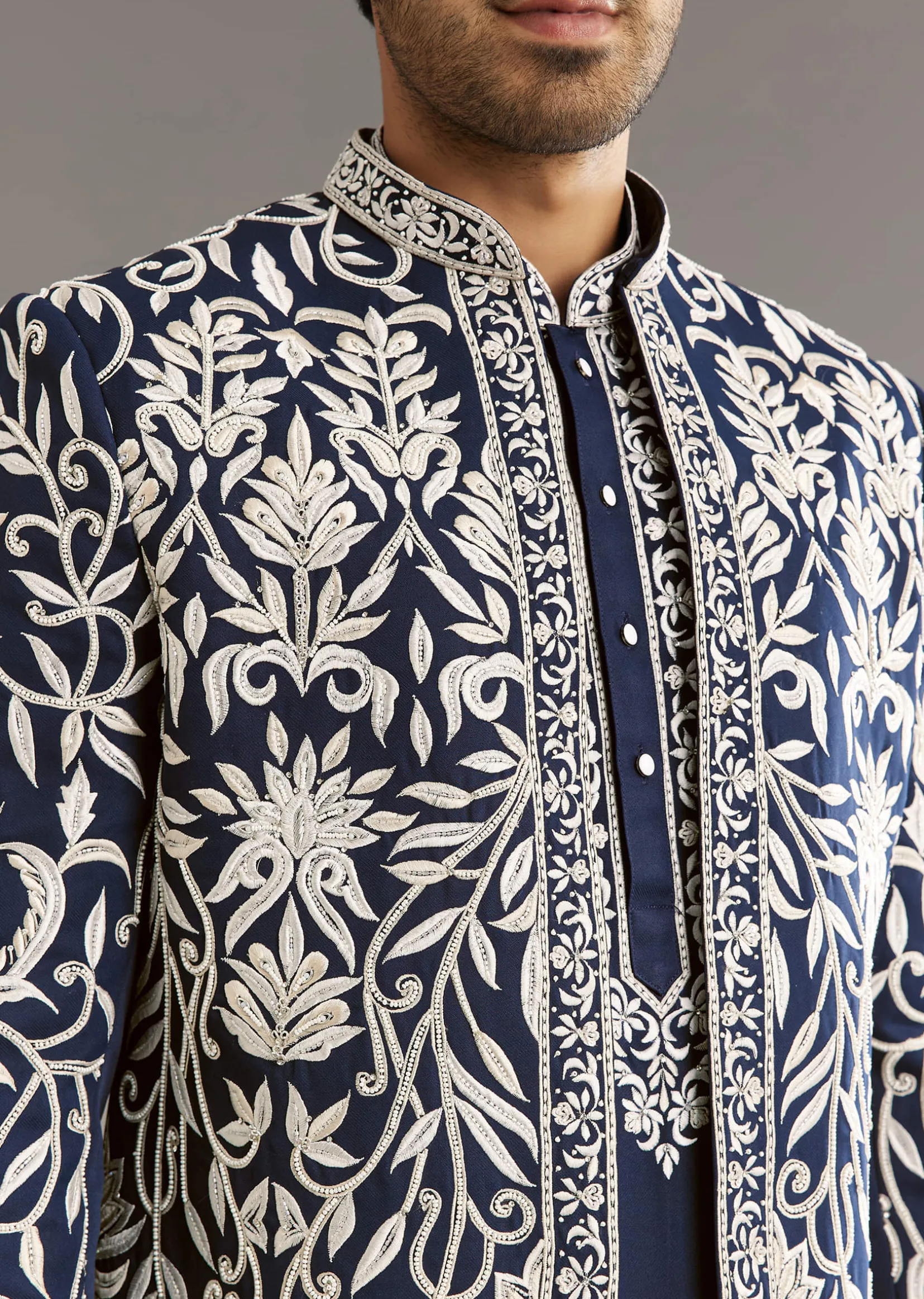 Blue Suiting Indo Western Set With Floral Embroidery