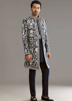 Blue Suiting Indo Western Set With Floral Embroidery