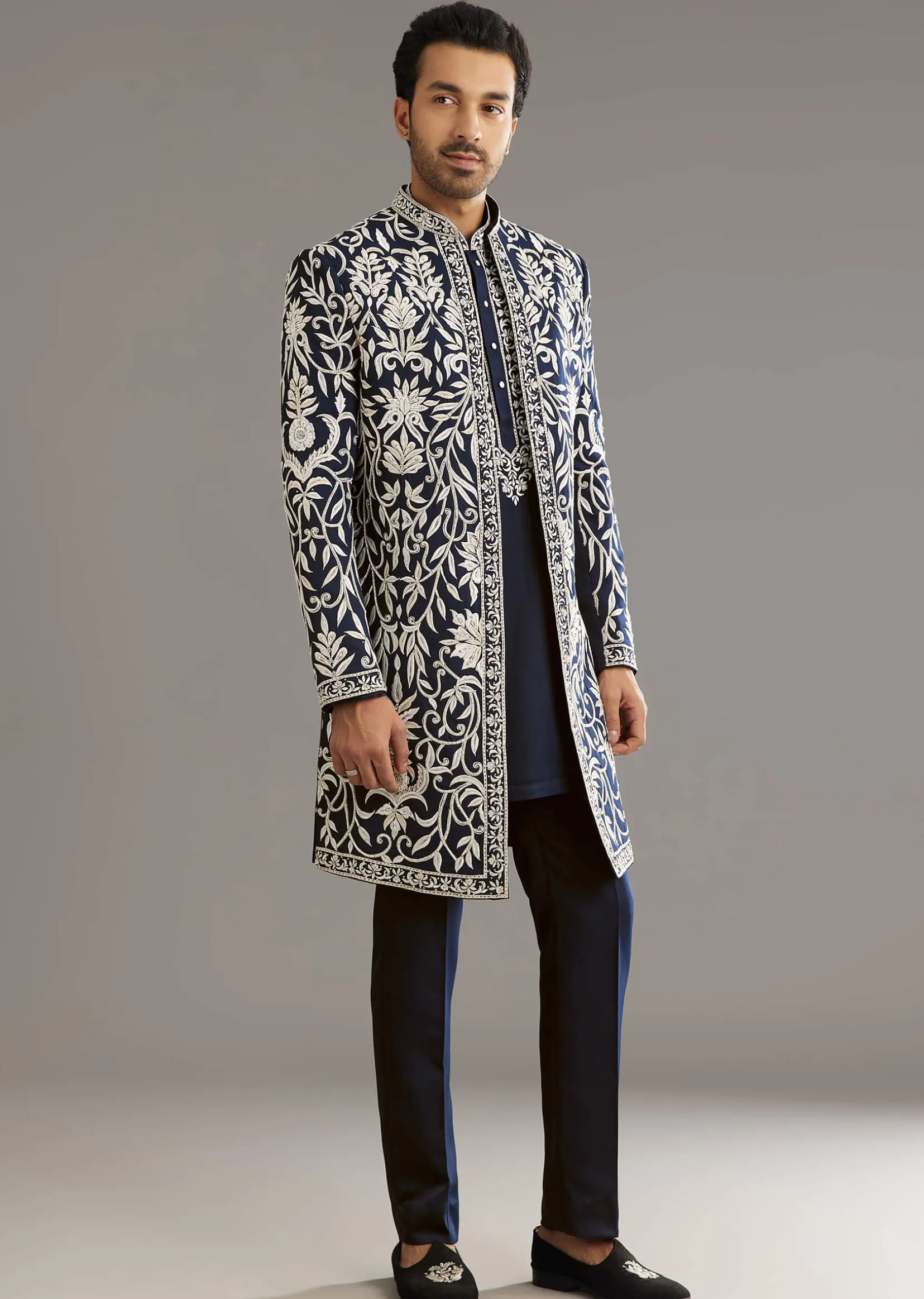 Blue Suiting Indo Western Set With Floral Embroidery