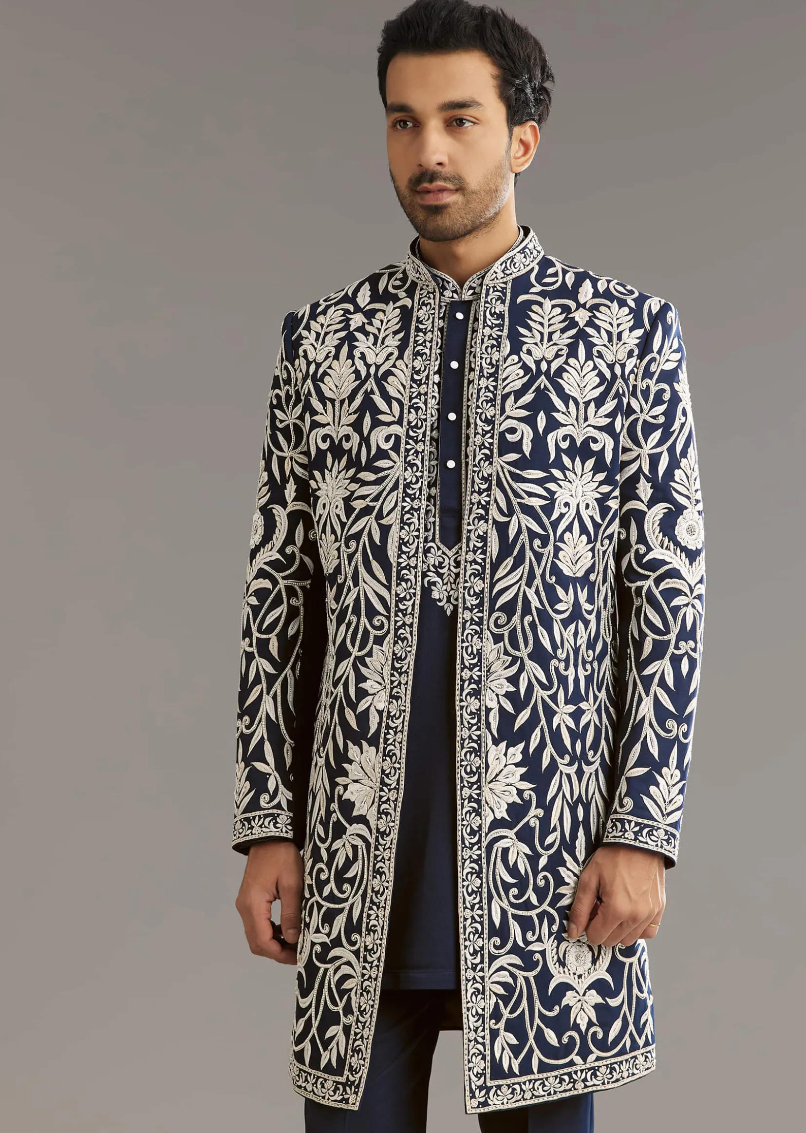Blue Suiting Indo Western Set With Floral Embroidery
