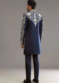 Blue Suiting Indo Western Set With Floral Embroidery