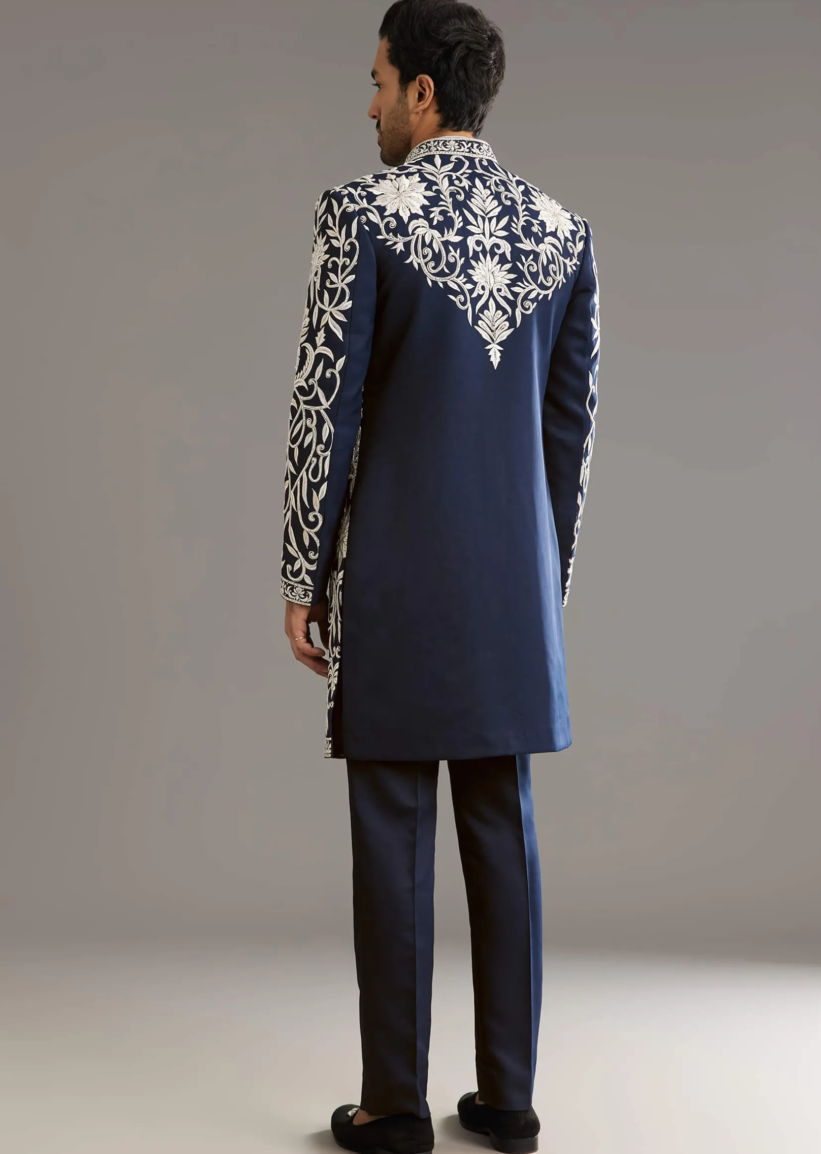 Blue Suiting Indo Western Set With Floral Embroidery