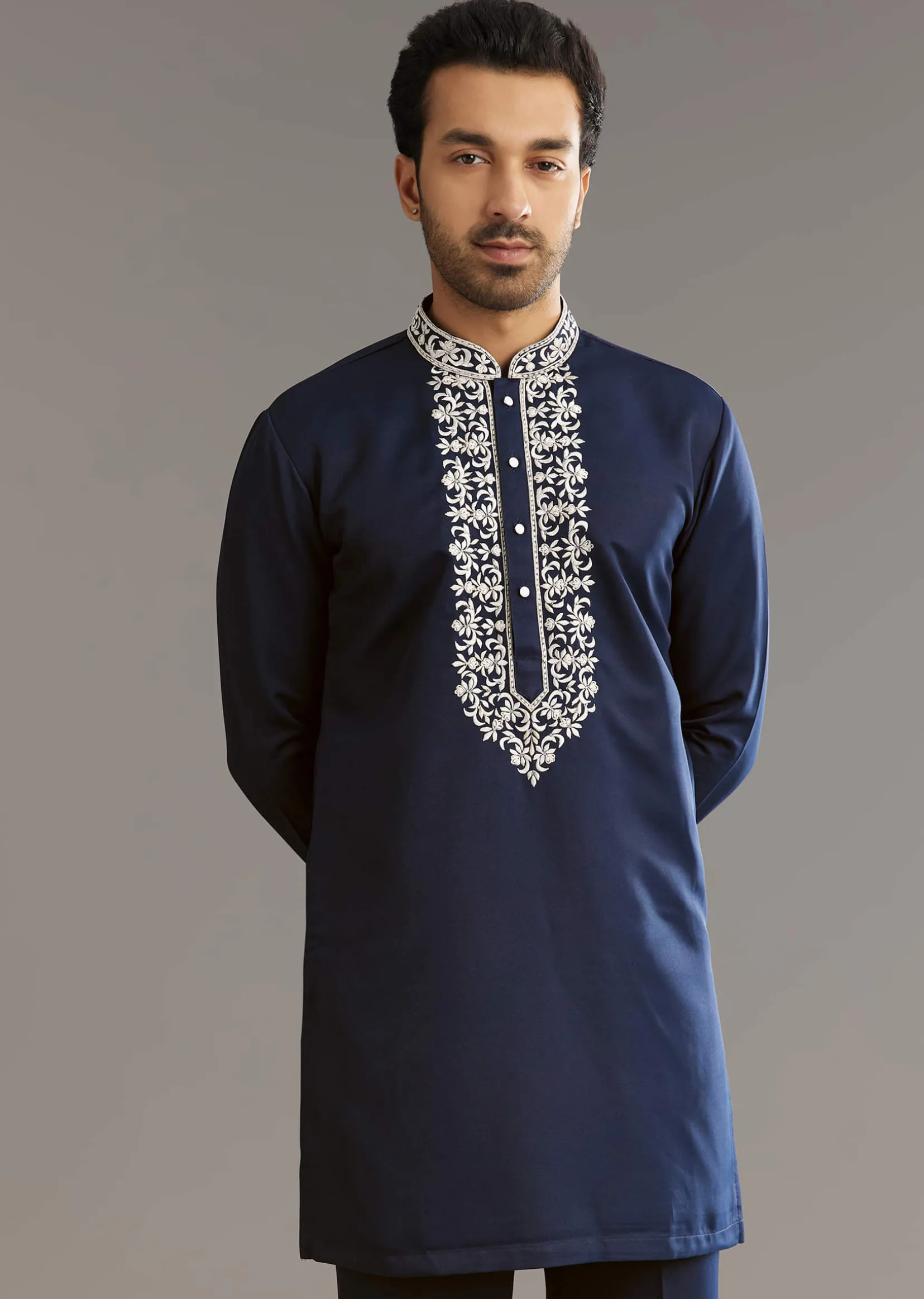 Blue Suiting Indo Western Set With Floral Embroidery