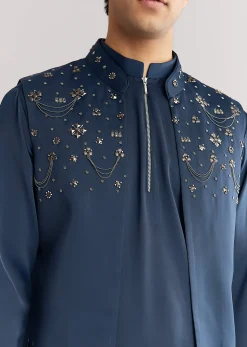 Blue Suiting Jacket Kurta Set With Metal Work