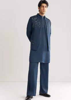 Blue Suiting Jacket Kurta Set With Metal Work