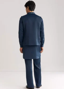 Blue Suiting Jacket Kurta Set With Metal Work