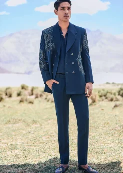Blue Teal Embroidered Blazer Set