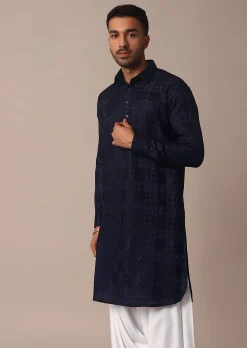Blue Textured Fabric Collar Style Kurta Set