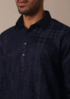 Blue Textured Fabric Collar Style Kurta Set