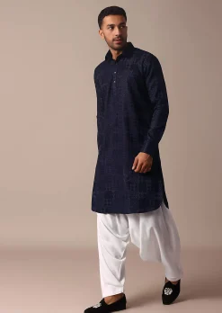Blue Textured Fabric Collar Style Kurta Set