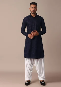 Blue Textured Fabric Collar Style Kurta Set