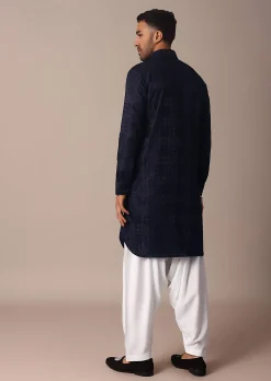 Blue Textured Fabric Collar Style Kurta Set