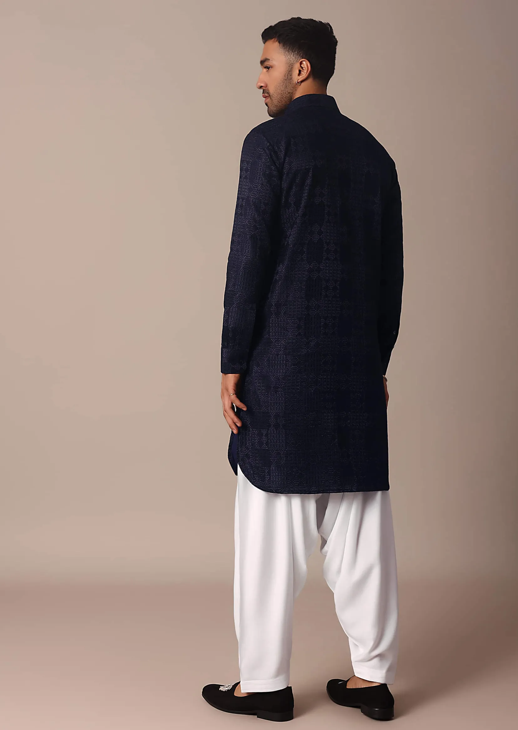 Blue Textured Fabric Collar Style Kurta Set