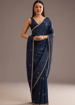 Blue Tissue Saree With Cutdana Scallop Border