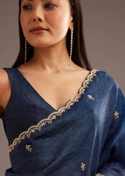 Blue Tissue Saree With Cutdana Scallop Border