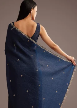 Blue Tissue Saree With Cutdana Scallop Border